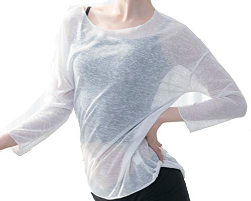 TTAO Women Mesh Long Sleeve Gymnastics Leotard Ballet Dance Dress Cover Up Tops Training Clothes Shirt White OneSize