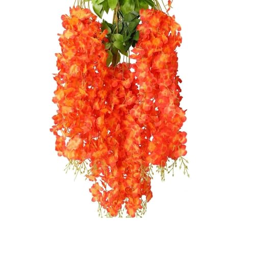 Image of 6 Pcs Artificial Polyester Hanging Flower Wisteria Vines Fake Flowers Vines for Home Party Wedding Garden Outdoor Greenery Decoration (6, Orange)