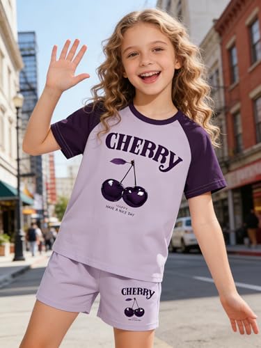 Image of KIDLAGA Girls Two Piece Sets Cherry Pattern Short Sleeve Shirts and Shorts Set With Pockets Girls Summer Outfits Size 7-14
