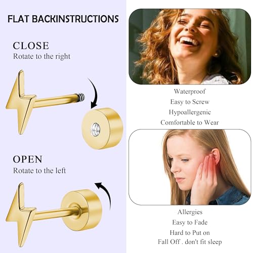 ZDE Titanium Women Flatback Earrings Celestial Lightning Bolt Stud Earrings 5mm Flat Back CZ Earrings Hypoallergenic Cartilage Flatback Earring Tragus Helix Tragus Conch Piercing3