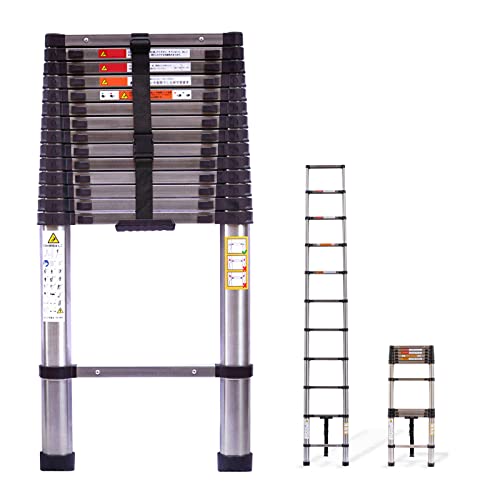 Escalera telescópica plegable de acero inoxidable de 3,8 m, carga máxima de 330 libras, altura ajustable fácil de extender, tamaño plegado de 3 pies, ahorro de espacio para reparación de techo de casa