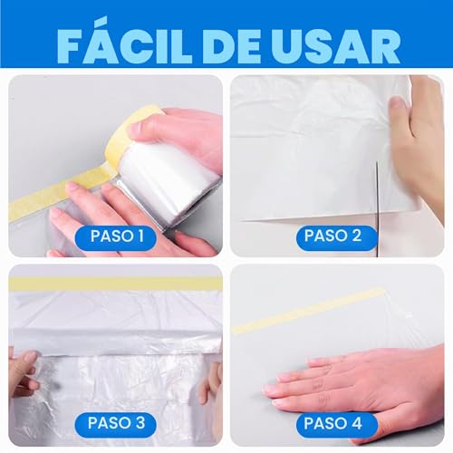 Miniatura 7 de Tapebear Película Para Enmascarar, 550mm X 27m Plastico Cubretodo, 2 En 1 Cinta De Adhesiva Pintor Protector, Película De Plástico Resistente Al Agua Y Al Polvo, Para Auto, Cubrir Muebles, 3 Rollos