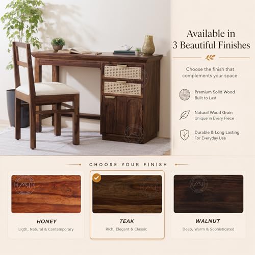 Image of NSH Solid Sheesham Wood Study Table with Chair | Wooden Writing Desk with Drawer & Door Storage | Pre-Assembled Computer Desk Workstation for Home Office & Study Room | Teak Finish