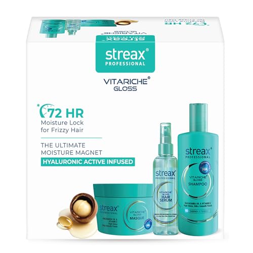 Image of Streax Professional Vitariche Gloss Post Care For Dry & Frizzy Hair Combo Kit (Shampoo 300 ml + Masque 200 gm + Serum 75 ml)