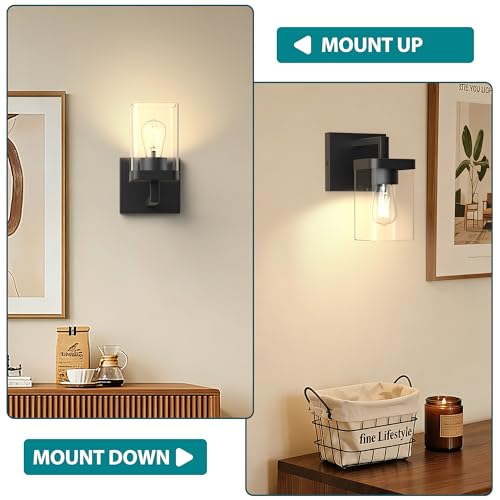 Image of Set of 2 Wall Sconce, Square Design Morden Bathroom Lighting Fixtures with Clear Glass Shade, Matte Black Wall Lights for Living Room /Bedroom /Hallway /Porch