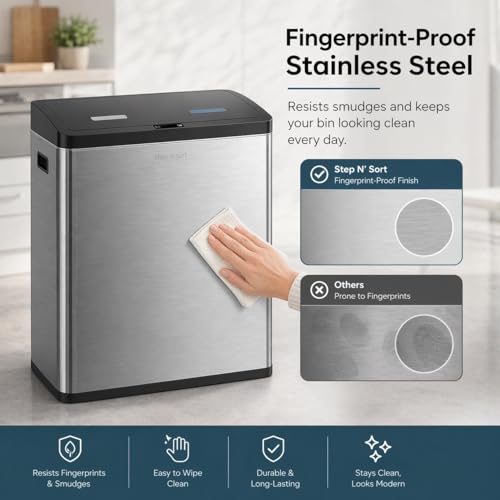 Image of Step N' Sort Motion Sensor Trash Can (60L) - Touchless Stainless Steel Kitchen Garbage & Recycling Bin with Dual Compartments, Soft-Close Lid & Fingerprint-Proof Finish