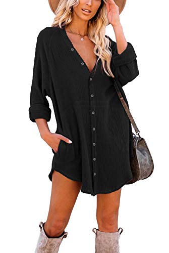 iGENJUN Women s Long Sleeve Button Down Tunic Dresses with Pockets,XL,Black