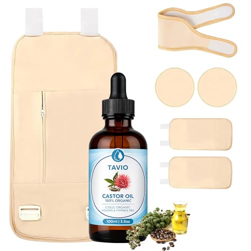 Tavio Castor Oil Pack Wrap Kit - Celara Reusable Organic Cotton Flannel Wrap for Body Comfort & Relaxation Adjustable Wellness Pack for Stomach Neck Knee & Back Hot or Cold Compress Compatible (6)