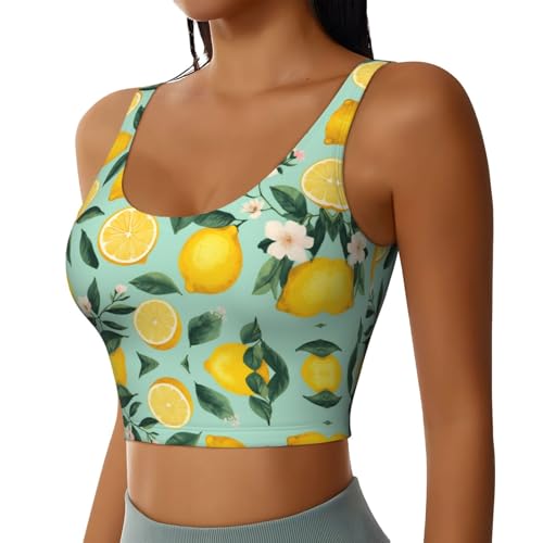 Cozy for Lemon Tree Leaves Tropical Flowers Floral Sports Bra for Women Girls, U-Shaped Back Tops Padded Control Shapewear Sportswear for Gym Running