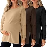 Sweetyweee 3 Pack Women's Maternity Shirts Long Sleeve T-Shirts Cotton Zipper Split Side Tops Casual Loose Pregnancy Clothes(Black, Brown, Khaki,Large)