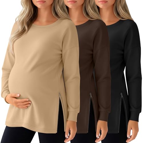 Sweetyweee 3 Pack Women's Maternity Shirts Long Sleeve T-Shirts Cotton Zipper Split Side Tops Casual Loose Pregnancy Clothes(Black, Brown, Khaki,Large)