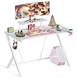 MOTPK White Gaming Desk 47inch with Monitor Shelf Computer Desk Gaming Table Desk for Girls with Cup Holder and Headphone Hook Gamer Workstation Game Table, Gift for Girls Women