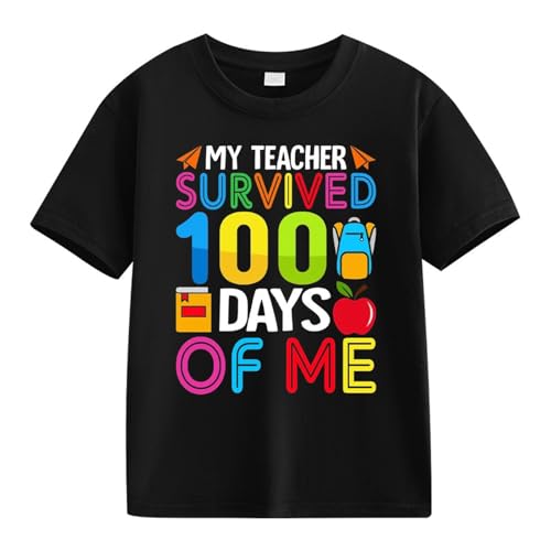 Boys Girls Back to School 100 Days of School Shirt, Cute Letter Print Cotton Tee for Kids, Fun Short Sleeve Tops, 2 to