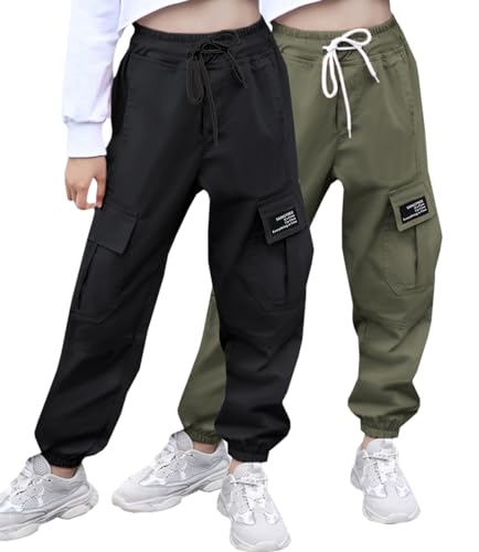 Image of SANGTREE Girl's&Women's 2 Packs Cargo Pants Elastic Waist Drawstring Tapered Multi Pockets Cargo Jogger Pants