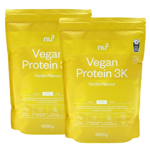 nu3 vegan Protein 3K Vanille 1 kg - Protein-Powder, pflanzlich, laktosefrei, ohne Soja, zuckerarm, gelatinefrei, aspartamfrei, cremig, Eiweißpulver für Muskelaufbau, Training & Alltag - 2x1000 g