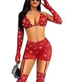 RSLOVE Fishnet Women Lingerie Set - 5 Piece Lingeries Set for Women Sparkle Rhinestone Mesh Babydoll Red One Size