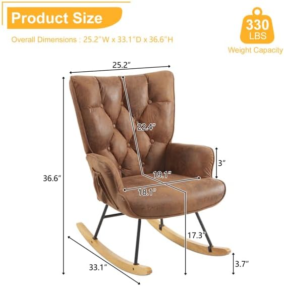 Rocking Chair Nursery, Rocking Chair Glider with High Backrest, Stylish Modern Rocking Accent Chair Glider Recliner for Living Room Nursery Bedroom, Brown