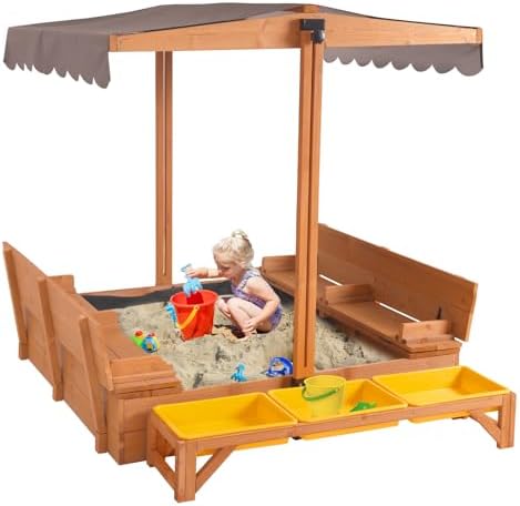 Aivituvin Kids Sand Boxes with Lid and Canopy, Outdoor Sandboxes with Cover, Foldable Bench Seats, Retractable Roof, Sand Table for Kids Ages 4-8 (Brown with Toy Bins)