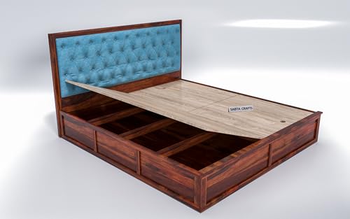 Image of Wooden Double Size Bed with Box Storage for Bedroom, Blue Upholstered Cushioned Headboard, Solid Sheesham Wood, Natural Finish, Mattress Size: 78 X 48 in
