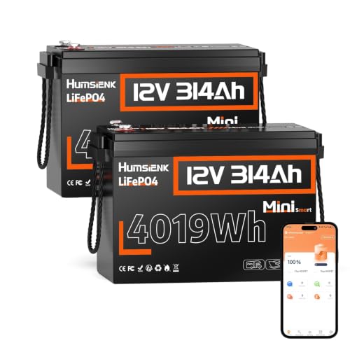 Image of HumsiENK 2 Pack 12V 300Ah (314Ah) LiFePO4 Lithium Battery Mini Size, Bluetooth 200A BMS, 15000+ Deep Cycles, Low-Temp Protection - for RV, Marine, Solar, Off-Grid, Home Backup (Compact & Lightweight)