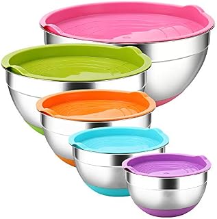 Stainless Steel Mixing Bowls with Airtight Lids by REGILLER, 5 Piece Colorful Silicone