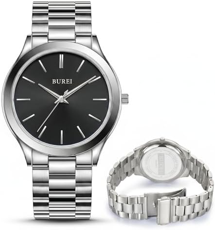 BUREI Men's Watches Slim Minimalist Stainless Steel Quartz Analog Watch Japanese Movement Waist Watch for Men 44mm Large Case