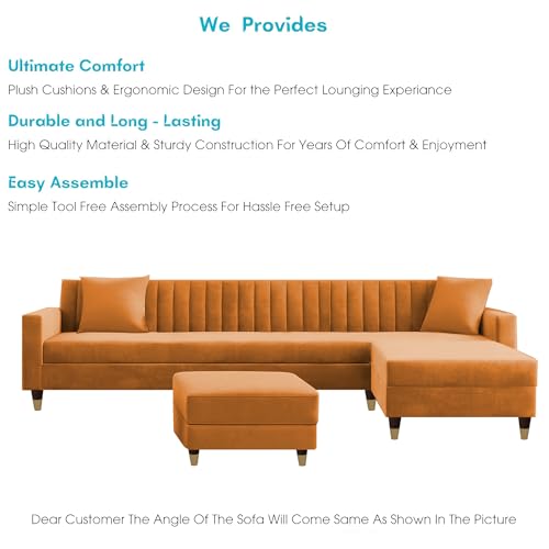 Image of Casaliving Garcia RHS 8 Seater L Shape Sofa Set with Ottoman & 2 Puffy for Living Room (Orange) Premium Fabric Sofa Set