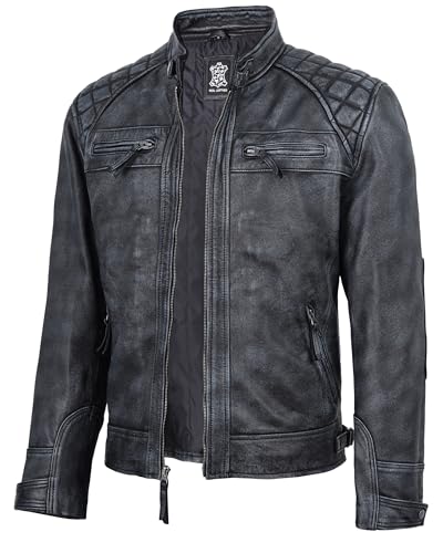 fjackets Cafe Racer Leather Jacket Men - Real lambskin D1 Mens Washed Distressed Black| [1132374] L