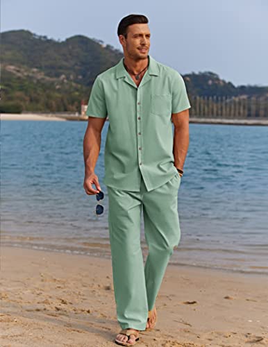 Image of COOFANDY Men 2 Piece Linen Outfit Beach Button Down Shirt Casual Loose Pant Sets