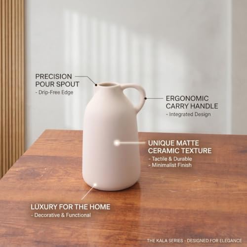 Image of Ceramic Jug Vase for Home Decor Matte White Decorative Flower Vase with Handle Nordic Farmhouse Vase for Pampas Grass, Dried & Artificial Flowers Living Room, Bedroom & Office