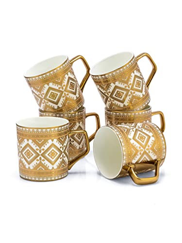 Image of Clay Craft Fine Ceramic Gold Print Tea Cups /Mugs Set of 6-220 ml Each (Director E698), Tea Cup Set of 6, Mugs for Coffee, Cups Set of 6, Mug Set, Ideal for Gifting, Perfect for Home and Office