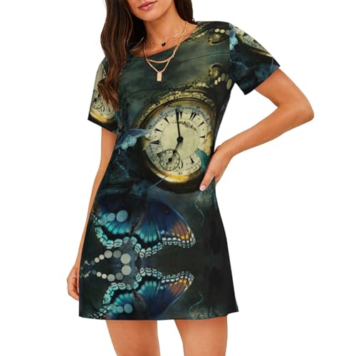 Uusnwaa Camisón estampado de relojes de mariposa para mujer, tallas S-3XL, Negro, M