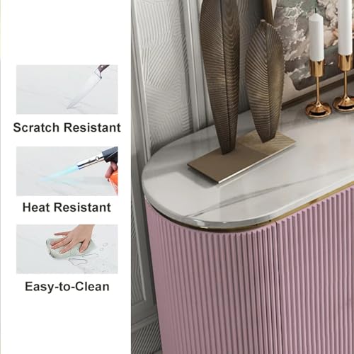 Image of Modern Console Table, 55 x 15 x 30 inch, White Ribbed Design, Marble Top, Gold Accents, 4-Door Storage Cabinet, Waterproof Plywood, PVD-Coated Legs, Elegant Entryway (Pink)
