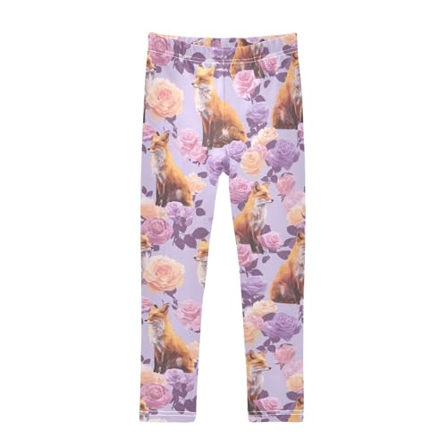 Fox Flowers Purple Girls Leggings Soft Stretch Workout Yoga Dance Pants for Kids Casual Tights