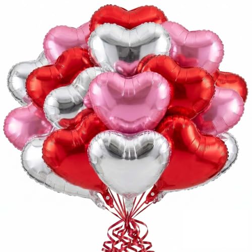 Image of 36 Pcs Red Pink Silver Heart Balloons,18 Inch Heart Foil Balloons Valentine Balloon for Wedding Engagement Party Valentine Day Decorations