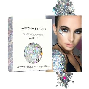 KARIZMA Holographic Silver Body Glitter. 10g Chunky Face Glitter, Hair Glitter, Eye Glitter and Body Glitter for Women. Rave Glitter, Festival Accessories, Cosmetic Glitter Makeup. Loose Glitter Set