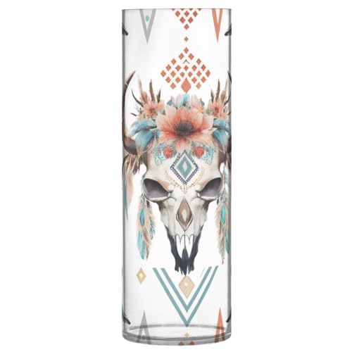 CZXW Retro Cow Skull Flower Vase Clear Tall Flower Vase for Wedding Decorations, Centerpieces and Home Decor, 4" x 12" Cylinder Candle Holder Vase