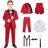 RoseZose Boy Suits 7 Piece Set Slim Fit Formal Tuxedo Suit with Tuxedo Jacket Vest Pants for Kids Wedding Ring Bearer PartySize 14,Red