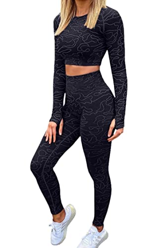 QINSEN Women's Camo Yoga Long Sleeve Crop Top Seamless Bodycon Exercise Leggings Sets 2 Piece Outfits Black L