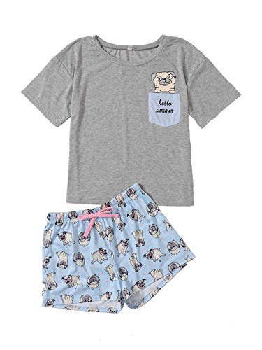 DIDK Women's Cartoon Graphics Print Tie Front Tee and Shorts Pajama Set Dog Grey Small