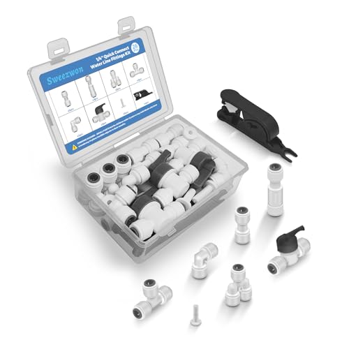 Sweezwon 26Pcs 1/4" Quick Connect Water Line Fittings Kit, Push to Connect Fittings (Ball Valve, Check Valve, T, L, Y, I & Professional Tubing Cutter) for RO/DI, Refrigerator, Ice Maker