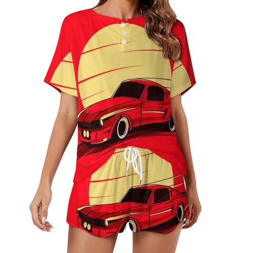 Pyjama femme manches courtes voiture au coucher du soleil anti-chaleur pour vêtement de nuit été