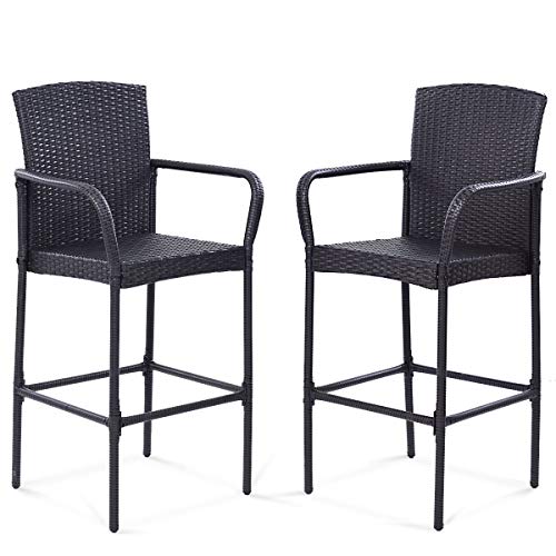 Tangkula Set of 2 Patio Bar Stools Indoor Outdoor Use Wicker Rattan Barstool with Footrest for Garden Pool Lawn Backyard Study Steel Frame Bar Chairs Furniture (Dark Brown 47