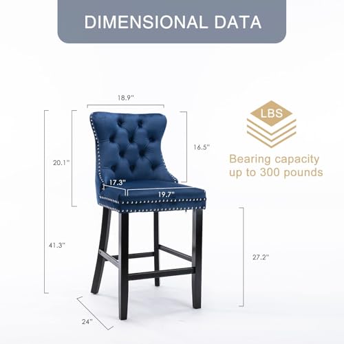 Image of Virabit Counter Height Bar Stools Set of 4, 27 inch Farmhouse Barstools with Button Back and Nailhead Trim, Velvet Bar Stools with Kitchen Island, Pub (Blue)