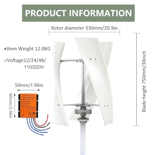 12000W No Noise Vertical Wind Turbine Generator,12V 24V 48V Magnetic Levitation Wind Turbine Residential Wind Turbine Kit with MPPT Controller, for Home Street Lighting,White-12V