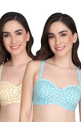 Image of Printed Half Cup Padded Bra - Made of Pure Cotton Full Coverage Non Wired Seamless Pushup Soft Cup for T-Shirt Saree Dress Sports Garment for Daily Use Everyday
