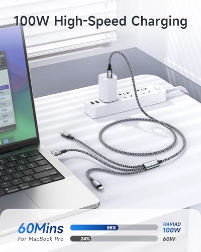 RAVIAD 100W USB C Multi Charger Cable [1.2M] 3 in 1 Fast Charging Cable with E-Mark Chip, USB C PD [100W]+Lightning[27W]+Micro[10W] for Galaxy S24/S23, iPhone 15/14/13, MacBook Pro/Air, Pad Pro/Air
