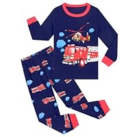 Pilipulu Jungen Schlafanzug Langarm Baumwolle Winter Pyjama Set Feuerwehrauto Boys Nachtwäsche 4 Jahre alt Größe 104 Dunkelblau Feuerwehrauto