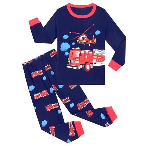 Pilipulu Jungen Schlafanzug Langarm Baumwolle Winter Pyjama Set Feuerwehrauto Boys Nachtwäsche 5 Jahre alt Größe 110 Dunkelblau Feuerwehrauto