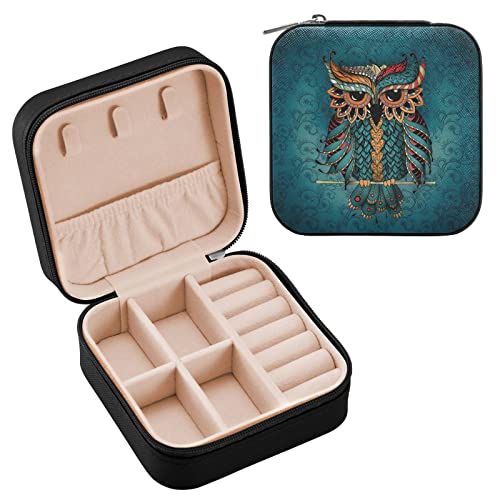 ZZKKO Petite boîte à bijoux de voyage en cuir avec motif chouette - Style vintage - Bleu - Pour bagues, colliers - Cadeau - Noir Cover